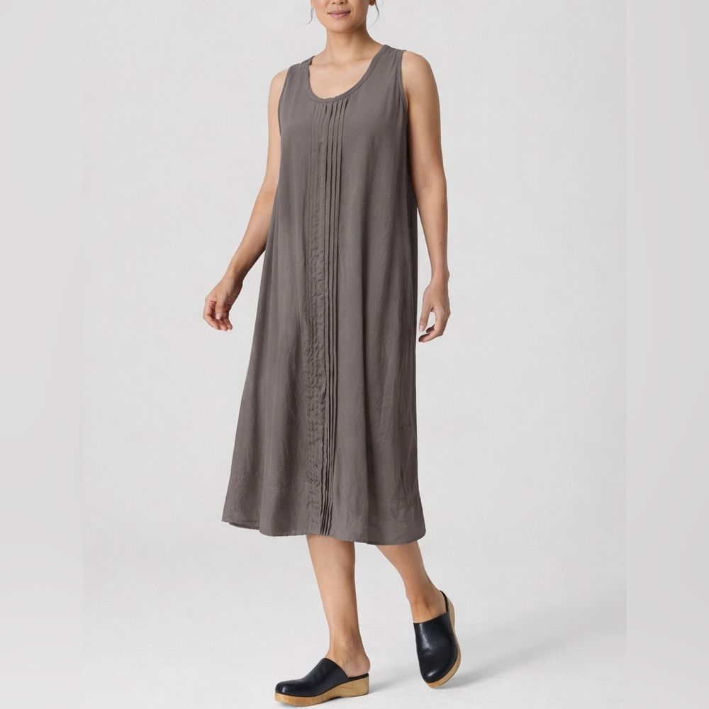 Eileen Fisher Taupe Grey Silk Sleeveless Midi Dress Sz M Quiet Luxury Minimalist